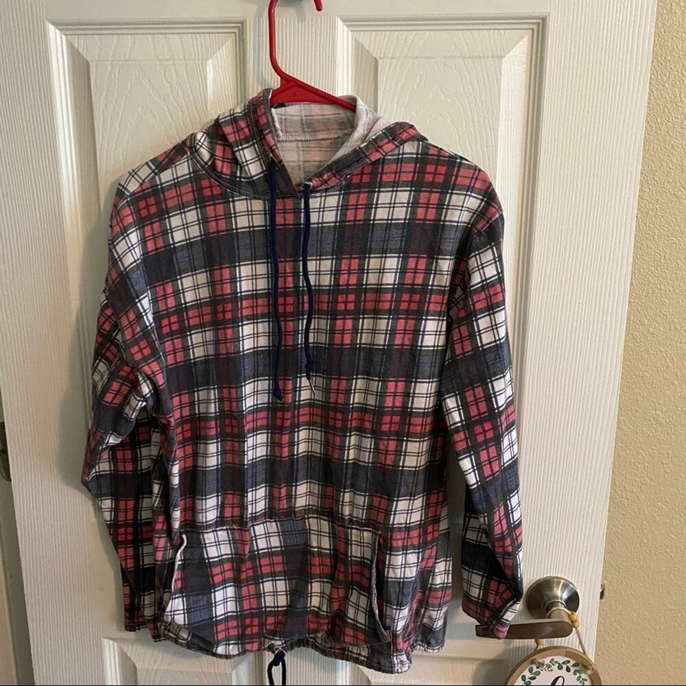 Plaid Drawstring Waist Pullover Hoodie Top Women's Approx Size Medium